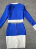 Patchwork Ailigou Blue White O-вырезка с длинным рукавом карманная пуговица с двумя частями юбки женская набор 220506
