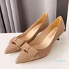 Sandals Pointed real leather shoes shallow mouth single suede sheepskin surface heel height 4.8cm bow thin versatile women's