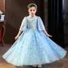Vintage Lace Ball Gowns Pageant Dresses Off Shoulder 3/4 Long Sleeves Kids Flower Girl Dress Ruffle Sweep Train Sequined Prom Dreses 403