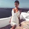 Sexig Deep Vneck backless Patchwork Bodycon Dress Spring Summer Fringe Tassel Club Party Prom Mini Dress Vestidos 220705