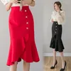 Skirts 2022 Spring Summer High Waist Single Breasted Ruffles Midi Skirt Women Elegant Irregullar Fishtail Black/Red