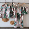 Song July's Women Set 7 Pieces Satin Stripes Faux Silk Printing Pamas For Woman Spring Summer Sleepwear Homewear 220421