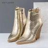 Snake Print Ankle Boots for Women Autumn Winter Western Cowboy Boots Women Wedge High Heel Boots Gold Silver Fashion Shoes 201102