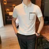 British Style Summer Men Shirts Short Sleeve Solid Front Pocket Decor Korean Slim Fit Casual Homme Streetwear 3XL-M Men's Polos