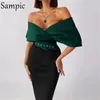 Sampic Sexy Women V Neck Off ombro Party Club Bodycon Midi Dress com Belt Fashion Envolve Vestes Elegant Autumn 220521