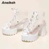 Aneikeh Concise Cross Tied Sandals Boots Thick Bottom Heel Shoes for Women Spring Autumn Sexy Pu Trends Ankle Boots Lace Up 220421