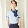 Tweede verdiepingen Zomer Vrouwen Rokpakken Elegante korte mouw 2 Set Blue White Office Lady Work Wear Cleren