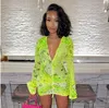 Retro Print Neon Dress Vestido feminino Feminino em V Long Slave Moda Casual Party Bodycon Mini vestido 2022 Novo