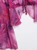 Traf Women Fashion z krawatami Postrzegane przez potarte bluzki z uprawami vintage v szyja długie rękawy płomienia żeńskie koszule eleganckie topy 220516