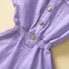 Summer Kids Girls Jumpsuits Short Sleeve Turn-down Collar Short Overalls Purple Jumpsuits