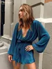Clacive Vestito da autunno da donna sexy blu plissettato Moda allentato con scollo a V manica lunga Mini abiti da ufficio Elegante abito da donna con lacci T220804