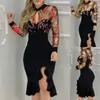 Women Slit Ruffles Hem Floral Pattern Slimming Lace Mesh Hollow Out Sexy V Neck Printed Long Sleeve Dress Elegent Daily Wear 220613