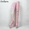 Sorbern Pink Snake Reflect Boots Women Crotch Thigh High Lace Up Pole Dance Boot Custom Wide Slim Legs 20Cm Extreme High Heels