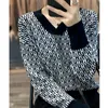 100 Worsted Pure Wool Ladies VNeck Full Body Jacquard Letter Colorblocking AutumnWinter Fashion Knit Sweater Loose Top 220815