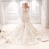Vestidos de noiva de sereia brilhante de renda Trem da catedral 3D Floral-deco