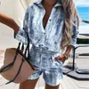 Women Leopard Print Two Piece Sets Summer Autumn Turn Down Collar Shirt Top Short Pant Suit Lady Casual Long Sleeve Outfit 220326