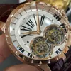 Roge Dupe Luxury Double Tourbillon 18k Gold Plated Case American Crocodile Belt Mens Manual Mechanical Watch