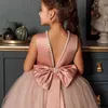 V-back Girls Dresses for Wedding and Party Pearls Bridesmaid Children Dresses Bowknot Teenage Princess Evening Pageant Prom Gown G220428