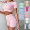 Wohuadi Summer Summless Yoga Set Women S Clothing 2Piece Sport Crop Top T Shirt Shirt Stermings Push Up Fitness Workout Suit 220616