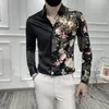 Erkek Casual Gömlek Slim Fit Vintage Erkek Moda Elbise Ile Baskılı Tasarımcı Parti Ipek Pürüzsüz Saten Giysiler Için Erkekler Çanta