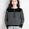 Ladies Knit Sweater Crew Neck Half Cardigan Casual Fashion Versatile Horizontal Stripes Contrast Color Long Sleeve Knit Top L220706