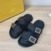 Men Women Sandals Designer Beach Canvas Slides Shoes Rubber Soles Double Strap Flat Buckle Slippers Mule Shoes Leather Summer Flip Flops With Box NO394