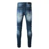 Mens Jeans Blue med brev beskuren nödställda designerbyxor för man Slim fit reparerad Lin Chino Stretch Thin Denim Tappered Long Straight Regular Zipper Holes