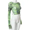 Vedi Hiriginsexy Top Top Top Y2K Stampa grafica vintage Maglie verde Sheer Shiet Long Fareeve Slip Fit Women Wids 220714 EE