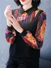 여자 블라우스 셔츠 4xl 여자 스프링 가을 레이디 패션 캐주얼 긴 슬리브 턴 다운 칼라 인쇄 블랙 블루사 탑 CT0344