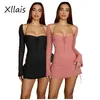 Xllais itens por atacado mulheres flare manga longa vestido rosa moda gola quadrada bandagem robes sexy corte festa clube vestidos 220507