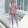 Women's Two Piece Pants Women 2022 Winter Parka Fur Collar Hooded Cotton Jacket Coat Suits Female Down 2 Sets Warm Tracksuit D246Women's