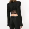 Women's Suits & Blazers Autumn Niche Design Fashion Street Style Sexy V-Neck Hollow Lace Stitching Jacket Short Top Women Black Tide Clothin