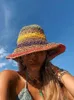 여자 태양 밀짚 수제 무지개 줄무늬 크로 셰 뜨개질 해변 boho 양동이 모자 Y220406