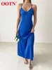 OOTN Satin V-Neck Strap Party Dress Sexy Backless Cross Bandage Prom Dress Blue Summer A-Line Thin Maxi Dress Women Elegant Chic 220511