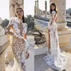 Arabia Mermaid Wedding Dress 2023 berta High Collar Side Slit Illusion Lace Appliques Long Sleeve Sweep Train Boho Bridal Gown GJ0316