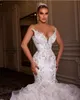 Abiti da sposa vintage di lusso Cristalli Perle Abito da sposa Corsetto con lacci Sweetheart Layered Ruffles treno cattedrale Robes De Mari￩e