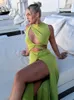 Lässige Kleider Elegante ärmellose aushöhlen Party Abend Langes Kleid für Frauen Sexy Split Urlaub Strand Maxi Desses 2022 Sommer Green Clot