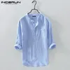 Incerun Men Shirt Cotton 34 Sleeve Stand Collar Harajuku Tops Solid Color Vintage Shirts Streetwear Camisa Masculina 220707