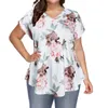 Kvinnors plus-storlek t-shirt sommar kvinnors avslappnade blommor tryck v hals korta ärm tees damer lösa överdimensionerade mode peplum topwomen '