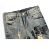 Tamanho 38 Jeans masculino vintage rasgado com patch skinny fit apliques de tinta salpicados de arte desgastados 255Q