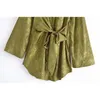 Casual Dresses YENKYE Autumn Women Vintage Olive Green Satin Jacquard Shirt Dress Female Flare Sleeve Lace Up Loose Short Robe