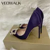 Veowalk Diamante Squre Decor Women Satin Pointy Toe Stiletto Pumps 8cm 10cm 12cm Sparkly Party Wedding Shoes Black Purple 220402
