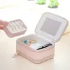 Portable Travel Jewelry Box with Mirror Double Zipper PU Leather Small Gifts Display Storage Organizer for Rings Earrings Necklaces Bracelets