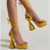 Sandals Lace-up Square Toe Platform Shoes Summer Women Spike Heel 14 Cm High Heels Transparent Female Pumps SexySandals