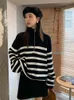 Automne hiver femmes fermeture éclair col rabattu tricoté pull Vintage rayures à manches longues lâche contraste couleur tricots haut 220817