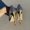 Тикикап Блестящий плед Шикарные женские шпильки высокие каблуки брюки платье для вечеринки обувь дамы понируемое носок скольжение на насосах плюс размер 43 44 45 220402