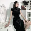 エスニック服ダークゴシックベルベットチャイニーズチョンサムドレスヴィンテージ女性ブラックバンデージスリットヘムボディコンスカート