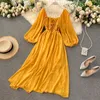 Woherb Chic Элегантный квадратный воротник Maxi Dres Сплошные шифоновые платья в рукаве Корейская мода Vintage Rack Vestidos 220402