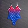 Damen-Bademode, mehrfarbig, einteilig, gepolstert, rückenfrei, Bikini, eng anliegender Designer-Badeanzug, mit Buchstaben bedruckt