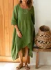 Casual Dresses Cotton Linen Dress Women mode Löst oregelbundet fast färg Lång kontor Summer Femme Elegant O Neck A Line Dress Casual